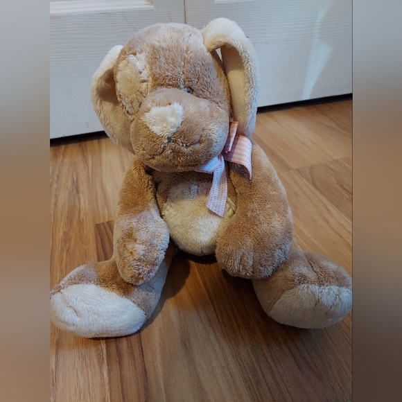 Russ Berrie Baby Mocha Tan Brown Puppy Dog Plush Stuffed Lovey Rattle Pink Bow - Picture 1 of 9